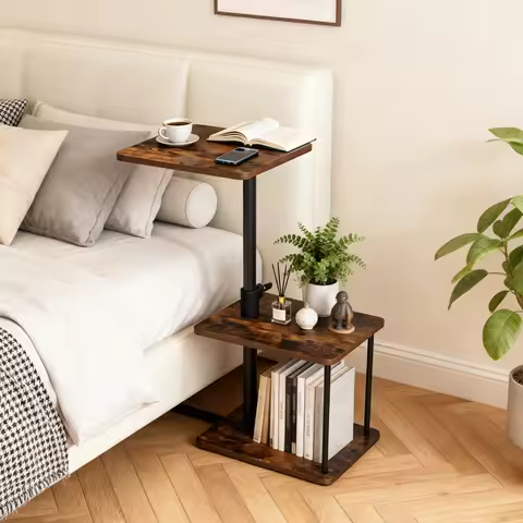 Adjustable Height 360° Swivel C Shaped Side Table With 3 Tier Storage, Space Saving Sofa Bed Laptop 