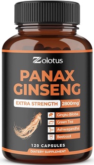 Korean Red Panax Ginseng + Ginkgo Biloba - 2800mg Extra Strength with Ashwagandha, Beetroot, Green T