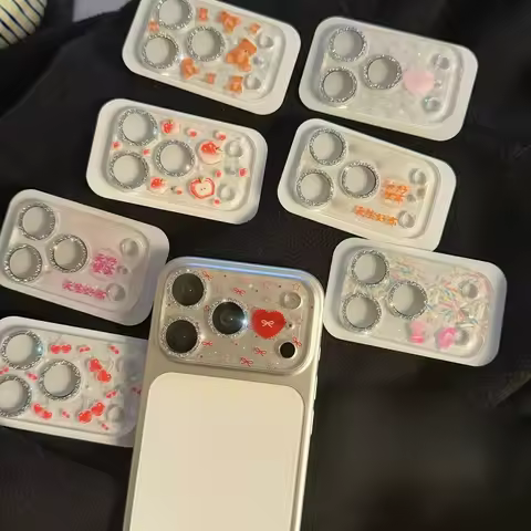 Cartoon Cute Glitter Love Heart Bear Cherry Camera Lens Protector for iPhone 17 Pro Max 16 15 14 Pro
