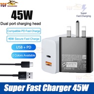 45W Power Adapter Dual Port Fast Charger (USB-C, USB-A) Super Fast Charging Wall Charger For Mobile phone PD 3.0 Type C Quick Charger