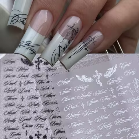 Black and White Letter Words Nail Stickers - Angel Wings letter Mixed Designs Holographic Y2K Nail D