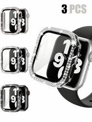 3入組女性時尚運動休閒派對閃亮雙排鑽石鑲嵌，防摔，防刮，防塵，亮麗的PC手錶保護殼，帶有硬度高，高清鋼化玻璃屏幕保護膜，適用於Apple Watch 40/44/41/45/49MM方便手錶保護套，適用於Apple Watch Series 9/8/7/6/SE/5/4，閃亮且安全的手錶保護殼