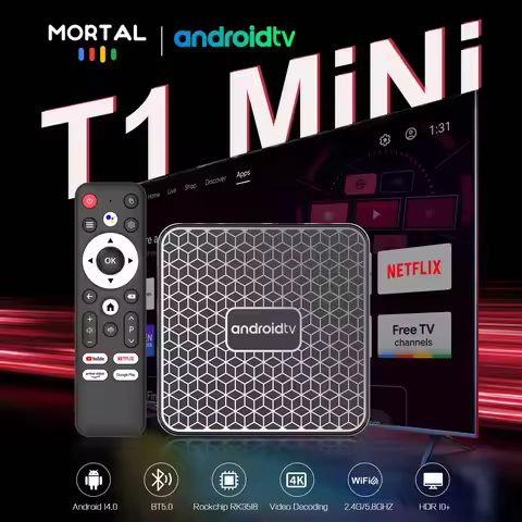 Mortal Android 14 TV BOX T1Mini Wifi6 4K HDR BT5.X Rk 3518 USB3.0 2G16G Youtube Voice Google Chromec