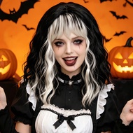 Black White Split Dye Mid Wavy Bob Wig Synthetic Hair Curtain Bangs Cruella Halloween Cosplay Costum