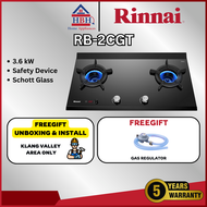 (FREE INSTALL) Rinnai RB-2CGT | 2-Inner Burner Built-in Gas Hob (Glass) | 3.6kW Gas Input | Safety D