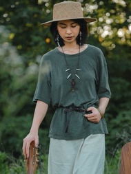 軍綠色 棉麻毛邊翻邊寬鬆短袖T恤