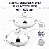 Tiantian BUFFALO 28CM/32CM 3-PLY SUS304 HONEYCOMB WOK FLAT BOTTOM WOK WITH STAINLESS STEEL LID (NO C