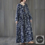 【Raya Collection】Loose Maxi Long Dress Baju Kelawar Muslimah Fashion Batik Print Plus Size Women Long Sleeve Dress  MF25