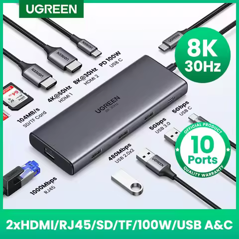 UGREEN Dual HDMI USB HUB 8K HDMI Adapter 10 in 1 Splitter with RJ45 USB 3.0 PD 100W Dock for MacBook