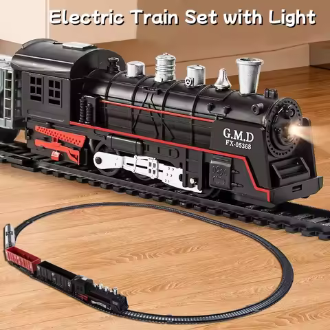 Electric Train Set with Lights Locomotive Train Model with Passenger Coach/Cargo Car & Tracks Birthd