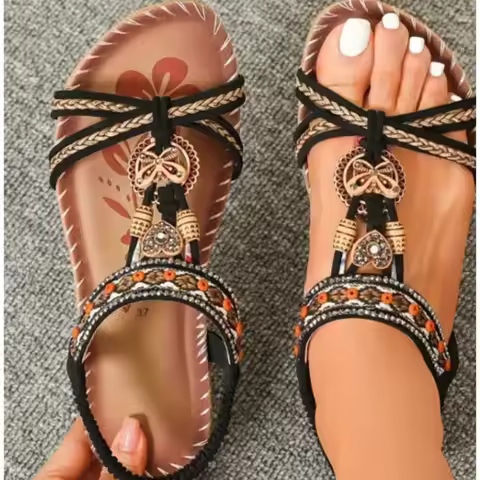 Women's Sandlas 2026 Bohemian Women Summer Sandals Flat Ladies' Ethnic Style Beach Sandals Woman Ant