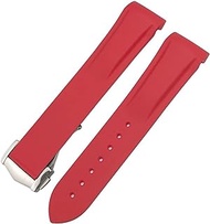 GANYUU 20mm Curved Rubber Watchband Fit For Omega Speedmaster Moonwatch Seamaster 300 AT150 Strap (Color : Red, Size : Rose Buckle)