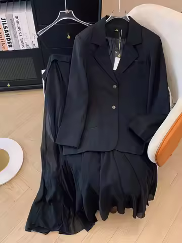 150Kg Plus Size Women's Bust 147 Spring Autumn Loose Suit Jacket & Camisole Fishtail Dress Black 5XL