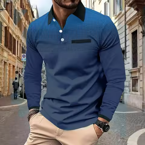 Spring and Autumn Men's New Long Sleeved Polo Shirt with a Lapel and Polka Dots for Casual Sports an