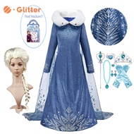 Dress for Kids Girl Frozen Elsa Cosplay Costume Winter Blue Long Sleeve Snow Queen Princess Dress with Cape Crown Nail Stickers Wig Outfits for Girls Party Wedding Clothes