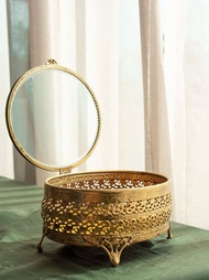 美國古董 大橢圓 鏤花鎏金玻璃珠寶盒