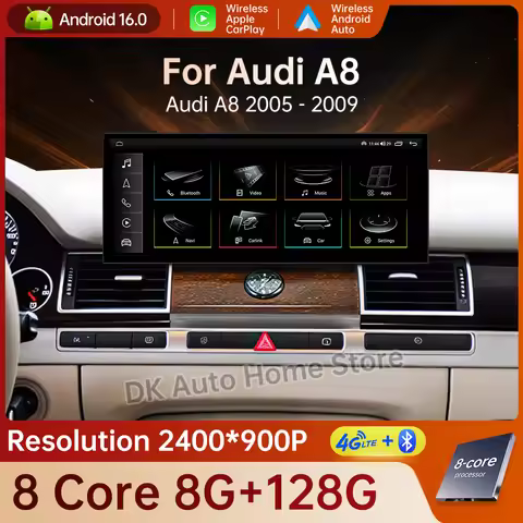 Android 16 Car Wireless Auto For Audi A8 2005 - 2009 QLED Touch Screen Carplay GPS Navigation Blueto