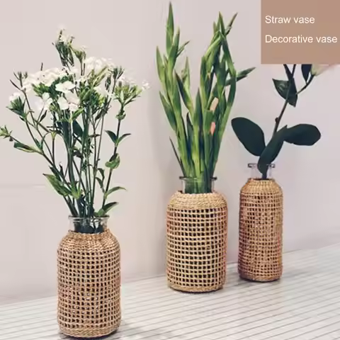 Vine Flower Vase Handmade Straw Woven Anti-broken Plant Pot Japanese Style Glass Vase Table Decorati