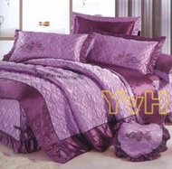 ==YvH==GeorgeTown 紫繡鴛鴦愛心 6x7尺特大七件式床罩組 絲緞刺繡 荷葉邊 心型抱枕