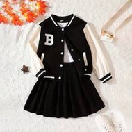 2pcs Tween Girl Letter B Print Velour Bomber Jacket & Pleated Skirt Set, Casual School Style Outfit,