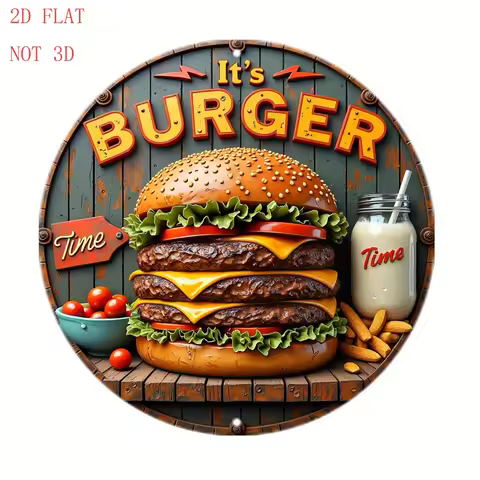 2D Flat, 1pc Vintage Burger & Milkshake Metal Wall Art-8 Inch Round Aluminum Sign with "It'S Burger 