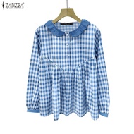 ZANZEA Women Korean Casual Doll Collar Lantern Long Sleeves Plaid Loose Blouses