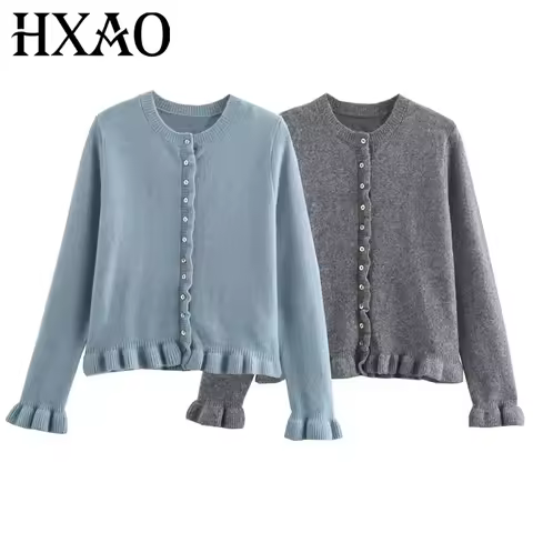HXAO Sweater Cardigans Ruffle Long Sleeve Knitted Cardigan For Women Autumn Bolero Knitwears Button-