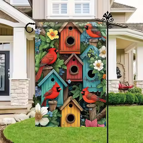 1pc Vibrant Cardinal Birdhouse Garden Flag - Double-Sided Polyester Lawn Flag, 11.81 x 17.72 Inches,