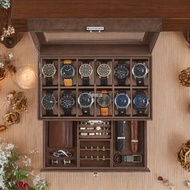 父親節禮物]豪華 12 槽珠寶收納盒，用於戒指/項鍊/手鐲/胸針 - 帶鎖和玻璃頂部的手錶盒 - 2 層 + 抽屜存儲 - 畢業婚禮旅行、男士、女士、母親、朋友、手錶愛好者的完美禮物