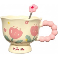 Charming Pink Tulip Ceramic Mug with Flower Spoon, 14 Ounce Unique Bubble Handle Coffee Teacup, Give