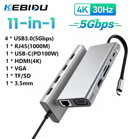 KEBIDUMEI 11-in-1 Docking Station USB 3.0 HUB Type-C to 4K HDMI 5Gbps USB3.0 1000M RJ45 100W PD Adap