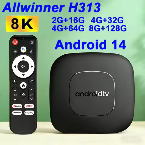 Android 14 TV Box T1 Allwinner H313 2.4G&5G Dual Wifi Voice Remote Google TV Netflix Media Player Su