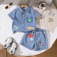 2pcs/Set Baby Boys' Summer Blue Casual Cartoon Traffic Print Denim Shirt With Matching Denim Shorts 