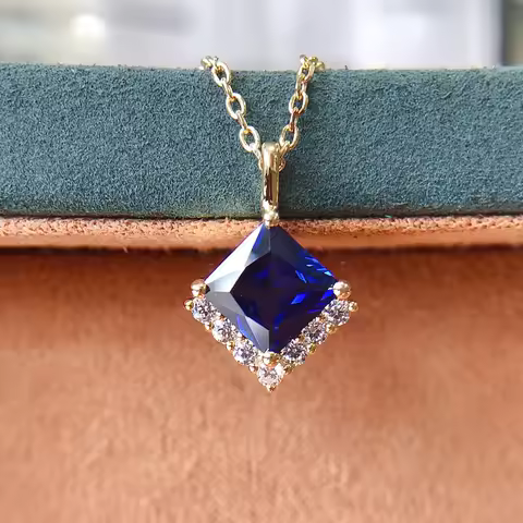Hollow necklace 18K, 2 carats carbon stone, women, AU750 square blue diamond starlight effect