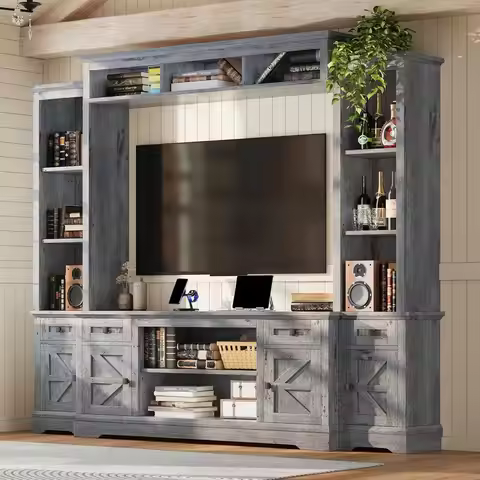 98in Rustic Entertainment Center Bookshelf Wine Cabinet 75in TV Stand Power Outlet Barn Door Living 