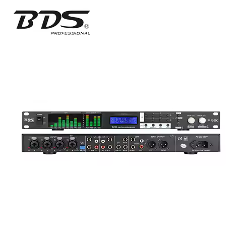 BDS MR-8C 1U Rack Digital 8-Ch Mixer w/Effects, 12-LED Spectrum, 8 Presets, 4 XLR/2 RCA Inputs, Auto
