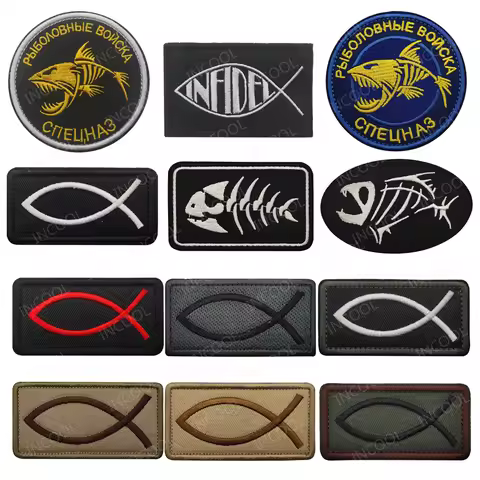 Embroidere Patches Jesus Fish Symbol Fishing Line Skeleton Bone Fish Chevron Appliques Shouler Faith