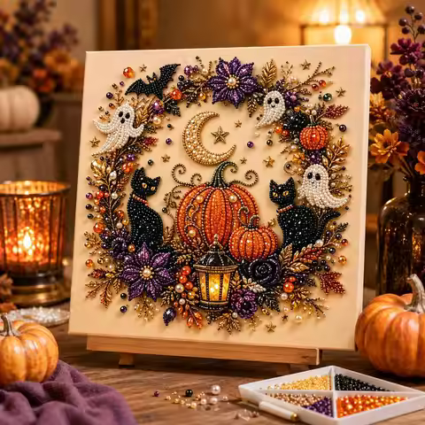 Halloween Ghost & Pumpkin 3D Pearl Art DIY Kit for Adults Cute Spooky Diamond Painting Craft Kit