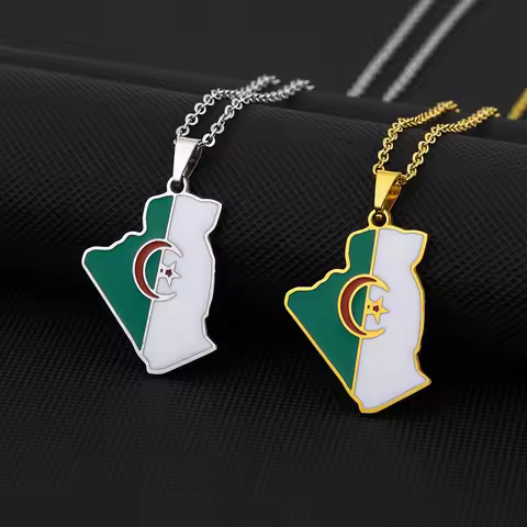 Africa Algeria Map Flag Pendant Necklace Stainless Steel Gold Steel Color Algérie Men Women Country 