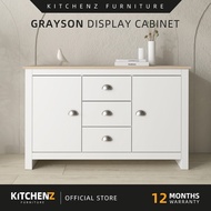 ♞KitchenZ Grayson Series 4FT Display Cabinet with 3 Drawers  2 Storage Cabinet Living Metal Handle - G7717❥