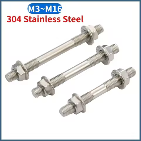 Double Threaded End Bolt Screw Both Dual Thread Stud Axle Rod and Serrated Flange Nuts Set 304 Stain