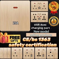 [3D brushed gold spot] Universal 13a wall USB socket 16A light switch 3/5 core plug USB socket 1/2/3
