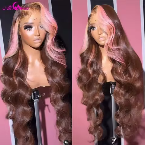 Upgrade Ali Coco HD Brown Pink 13x4 Body Lace Frontal Wig For Women 12A Pink Hightlight Lace Front H