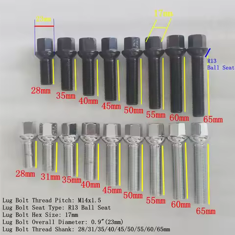 4PCS M14x1.5 Ball Seat R13 Wheel Lug Bolts 28 31 35 40 45 50 55 60 65mm Shank For Benz A B C E S G G