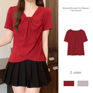 Women's Loose Fit Short Sleeve T-Shirt | Solid Color V-neck | Standard Shoulder Style | Malaysia Sto