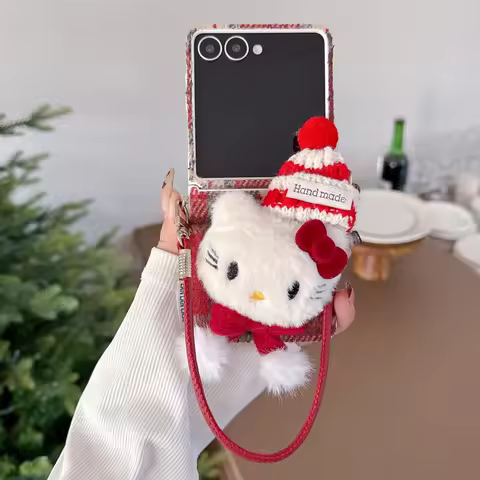 Advanced Red Cloth Christmas KT Winter Warm Furry Plush Phone Case For Samsung Galaxy Z Flip 7 6 5 S