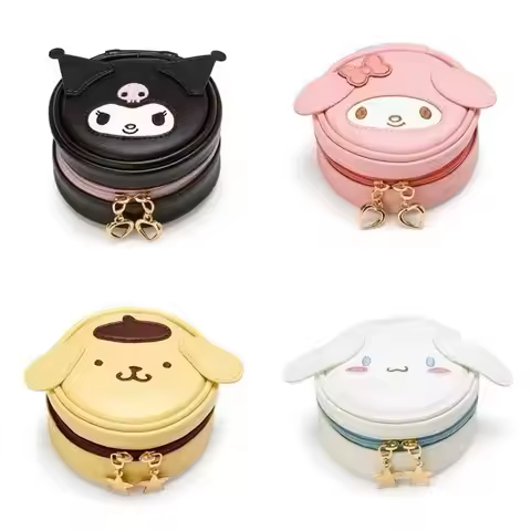 Sanrio My Melody Kuromi Cinnamoroll Round Storage Bag Jewelry Makeup Pouch Portable Earphone Case Mi