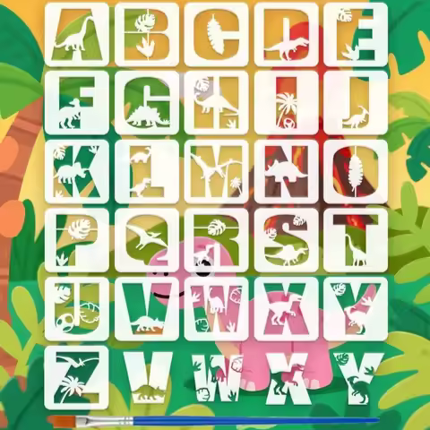 26PCS Dinosaur Alphabet Painting Stencil with Paint Brush 7.9x7.9 Inch Dinosaur Silhouette Drawing T