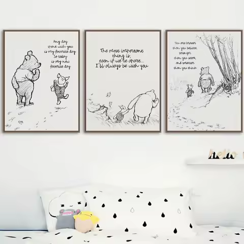 Winnie The Pooh Quotes Canvas Posters and Prints Classic Cartoon Movie Art Painting Black White Pict