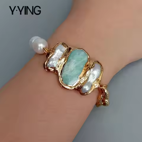 Y.YING natural Cultured White Rice Pearl Amazonite Biwa Pearl Chain Bracelet 8" vintage style for wo